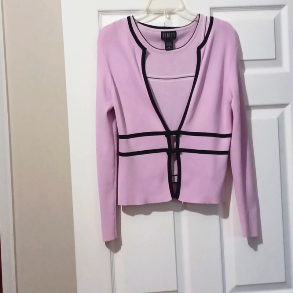 Finity Two piece Women’s Medium purple & black cardigan 2 buttons.